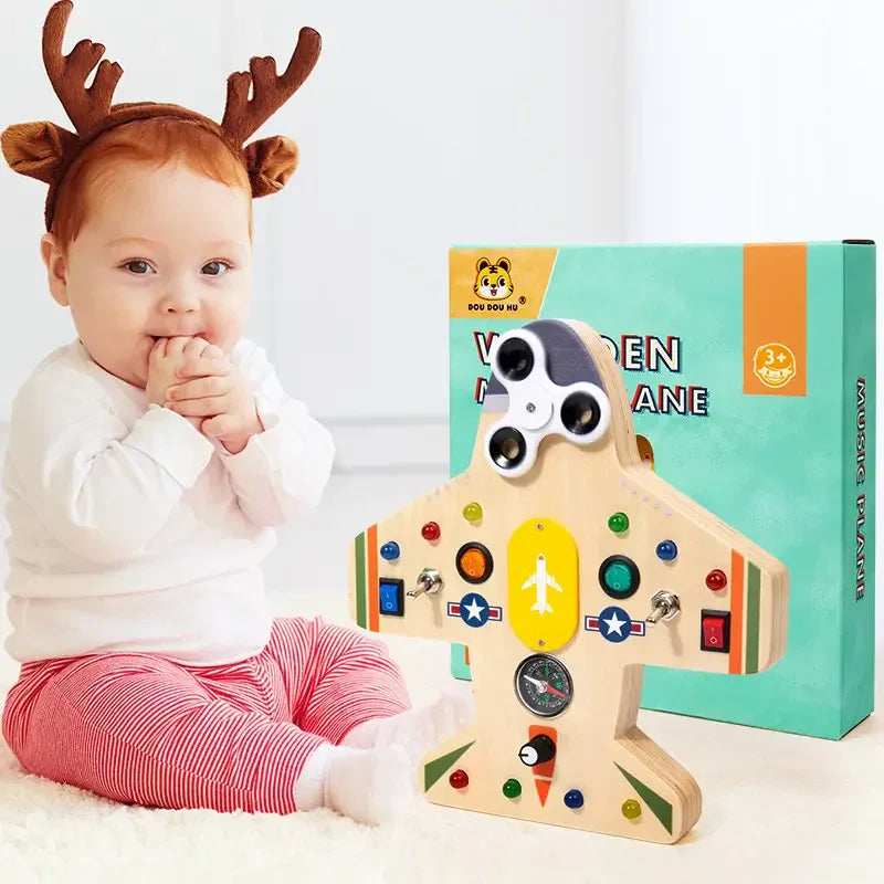 Montessori Wooden Sensory Plane with 10 Light Switches for kids in Kuwait